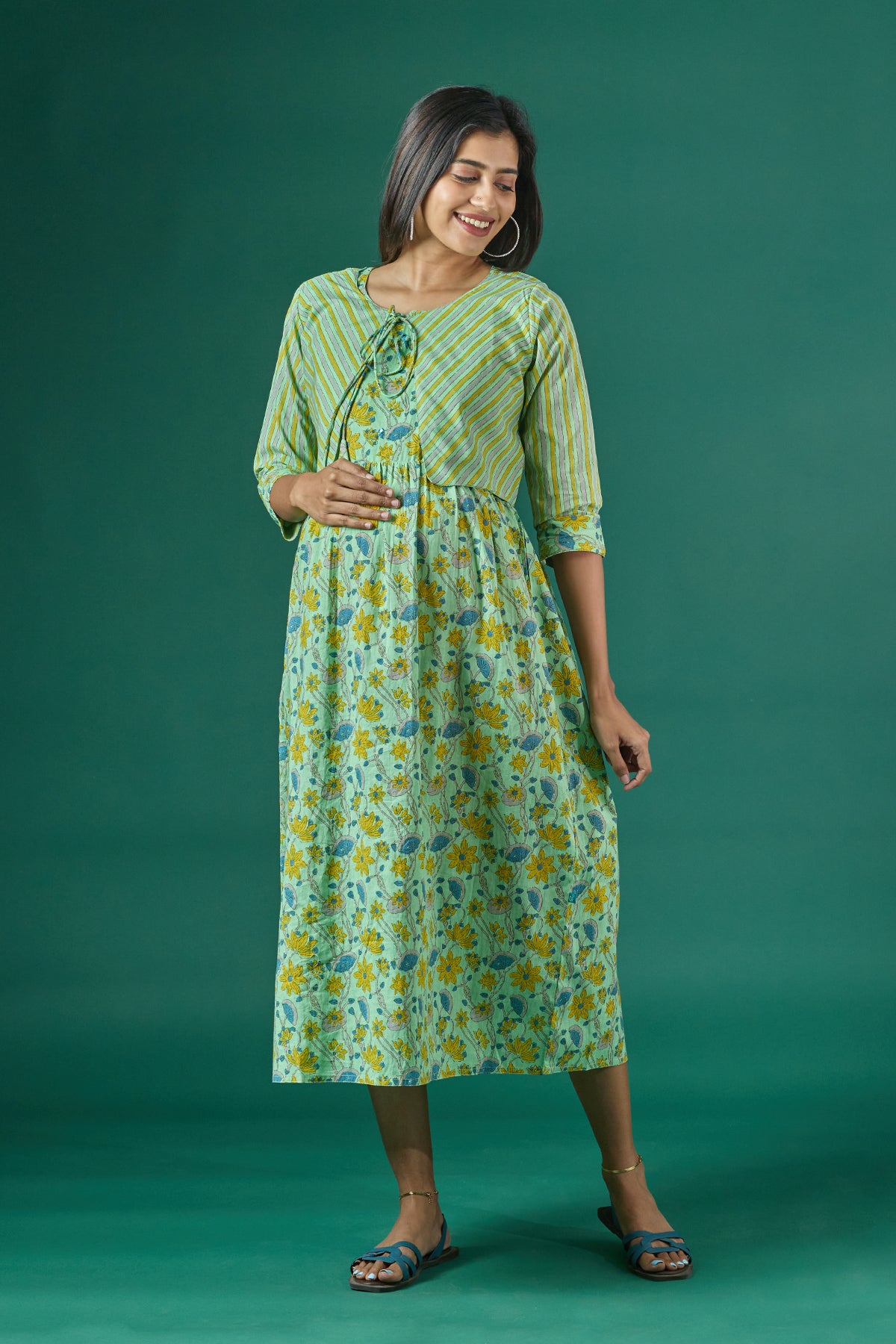 Floral Printed Maternity Kurta with Striped Jacket Green
