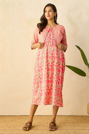 Floral Printed Maternity Kurta with Striped Jacket- Peach
