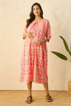 Floral Printed Maternity Kurta with Striped Jacket- Peach