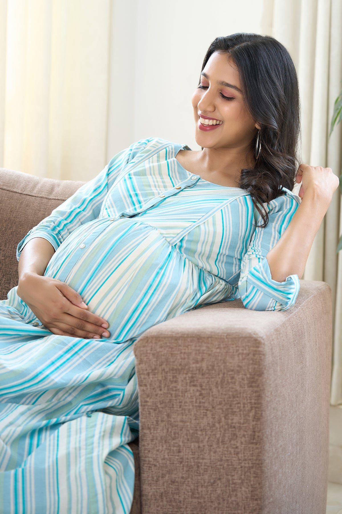 A Line Stripe Patterned Maternity Kurta Blue
