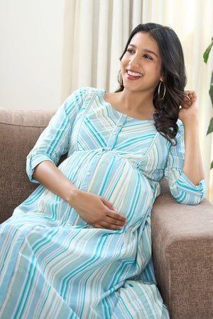 A Line Stripe Patterned Maternity Kurta Blue
