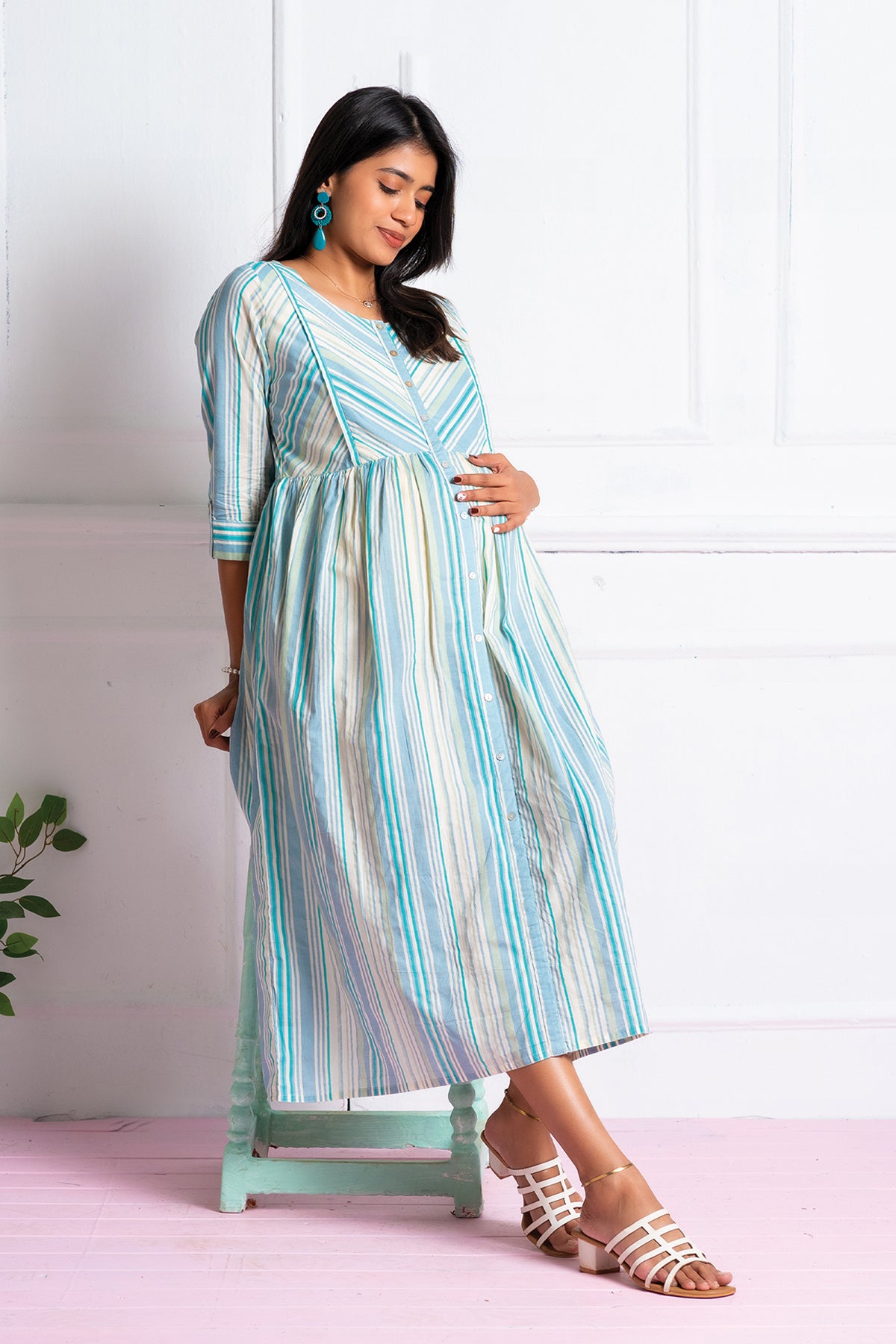 A Line Stripe Patterned Maternity Kurta Blue
