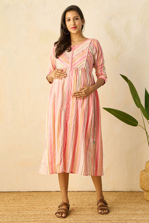 A-Line Stripe Patterned Maternity Kurta - Pink
