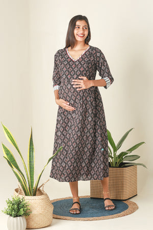 Digital Batik Printed A Line Maternity Kurta Black