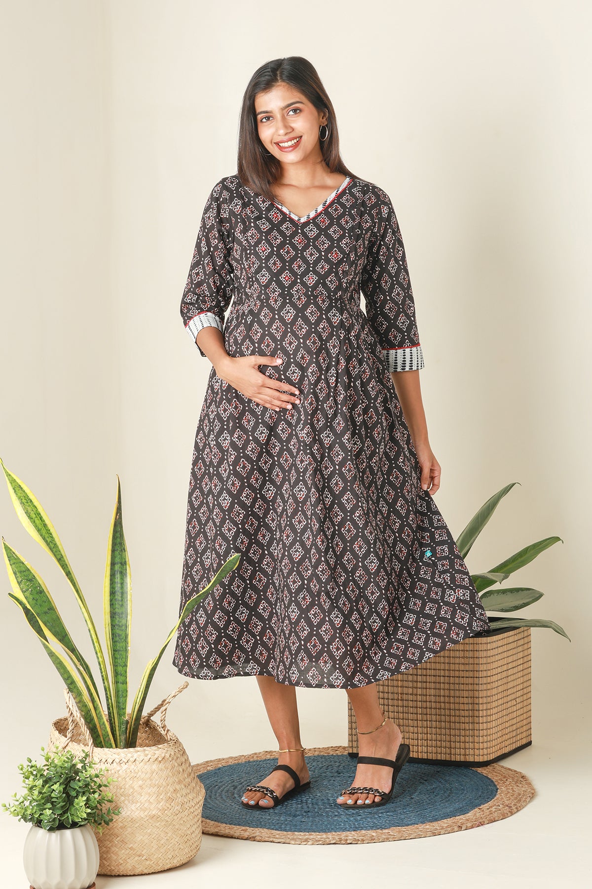 Digital Batik Printed A Line Maternity Kurta Black
