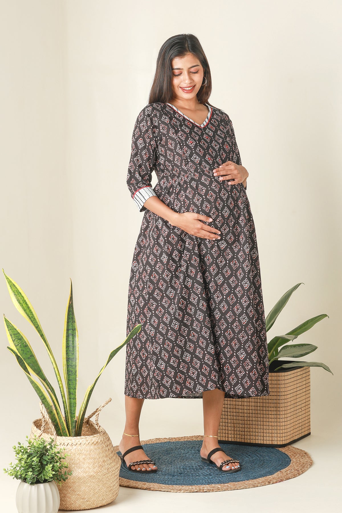 Digital Batik Printed A Line Maternity Kurta Black
