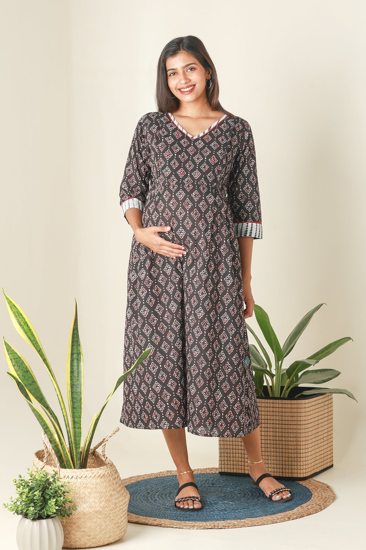 Digital Batik Printed A Line Maternity Kurta Black
