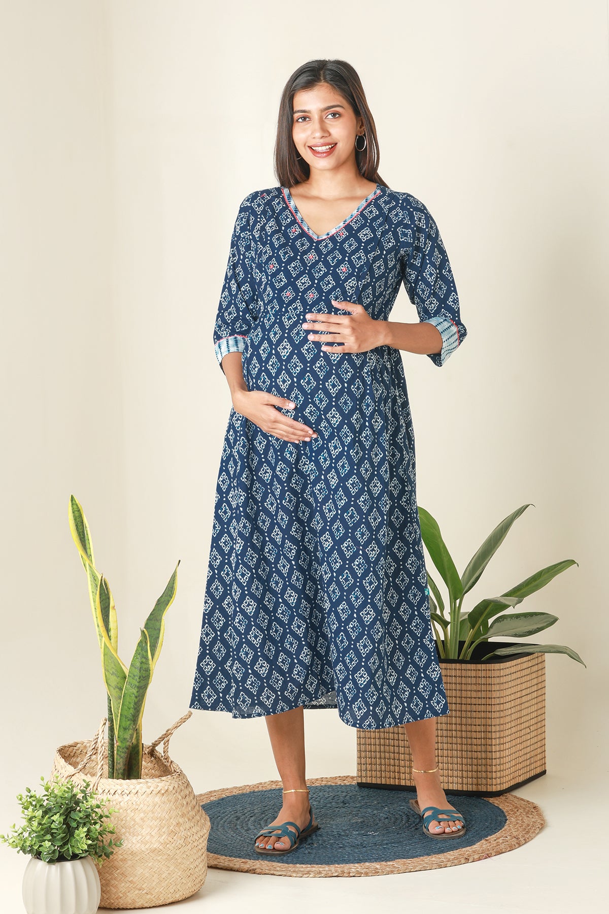 Digital Batik Printed A Line Maternity Kurta Blue
