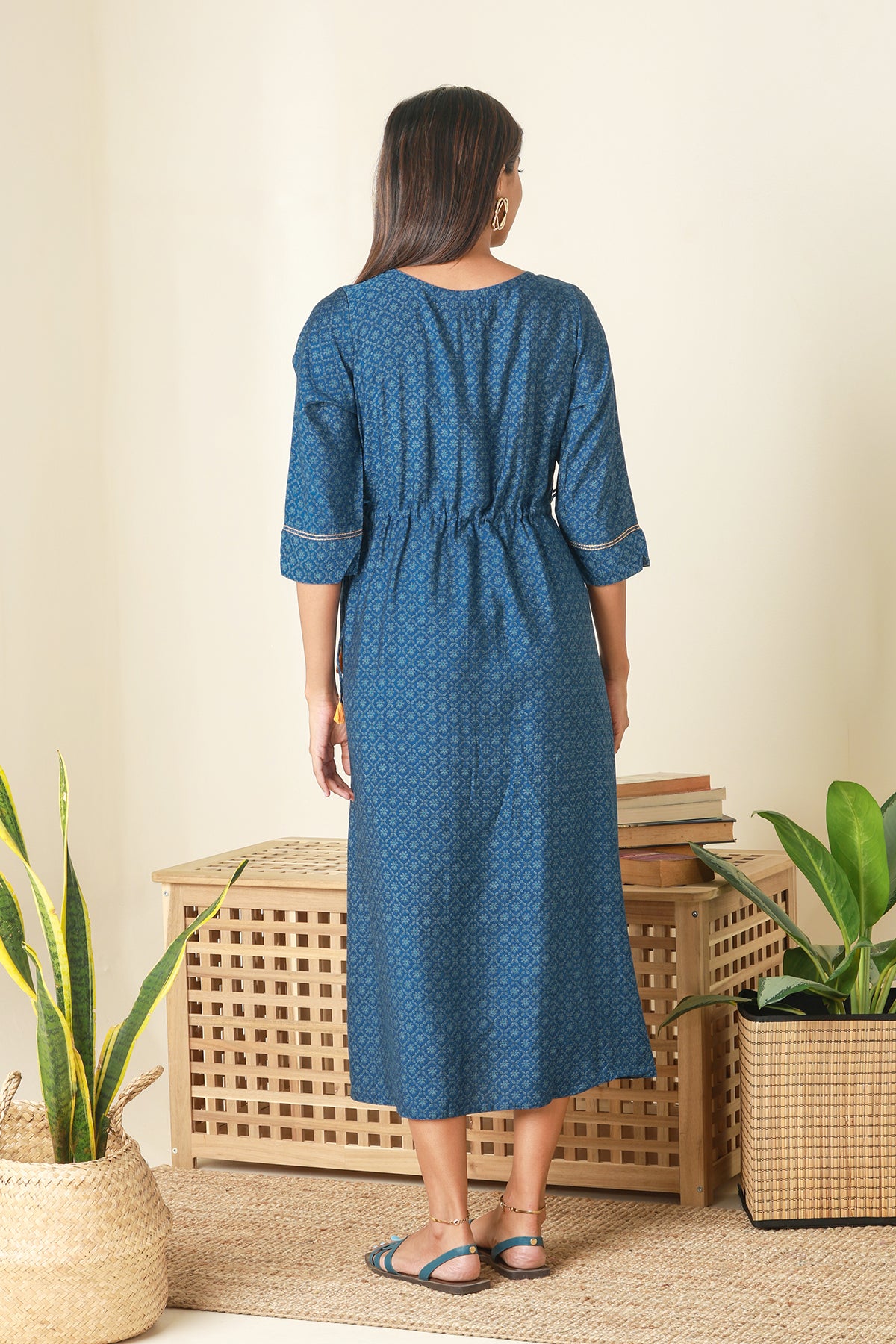 Ditsy Floral Printed Maternity Kurta with Embroidered Yoke Blue
