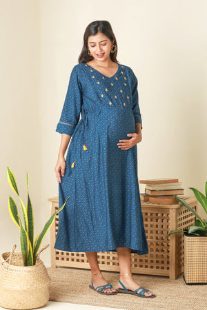 Ditsy Floral Printed Maternity Kurta with Embroidered Yoke Blue
