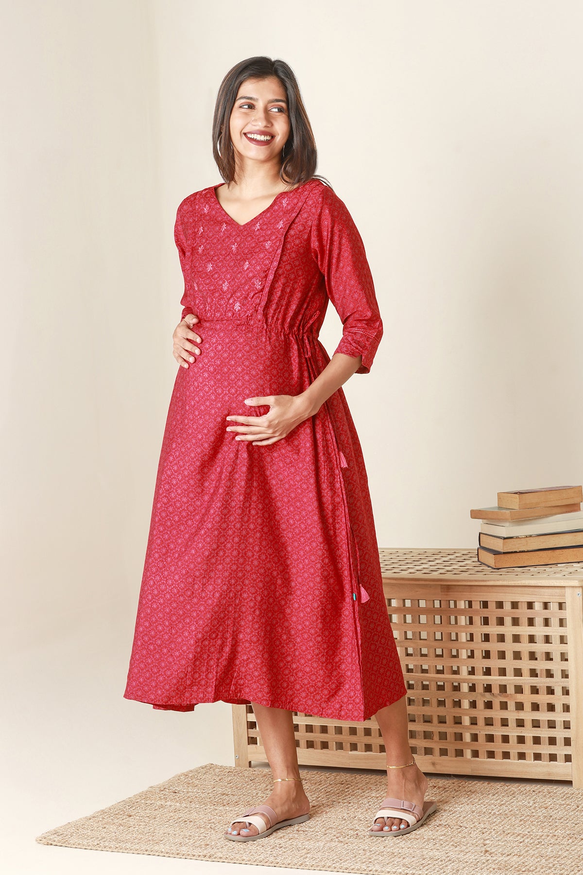 Ditsy Floral Printed Maternity Kurta with Embroidered Yoke Red
