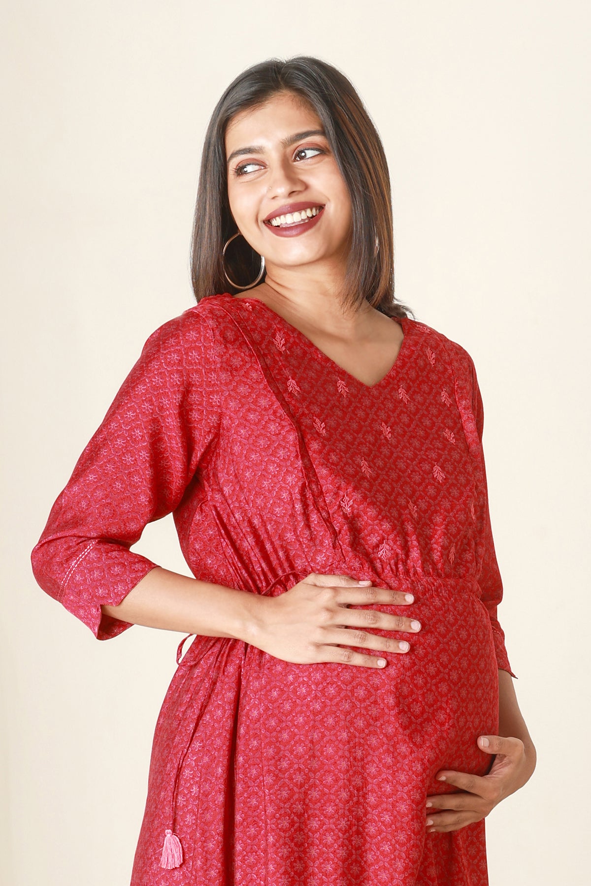 Ditsy Floral Printed Maternity Kurta with Embroidered Yoke Red
