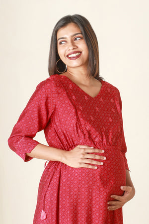 Ditsy Floral Printed Maternity Kurta with Embroidered Yoke Red
