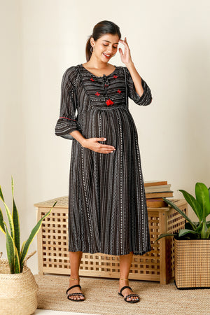 Breezy Geometric Printed Maternity Kurta Black