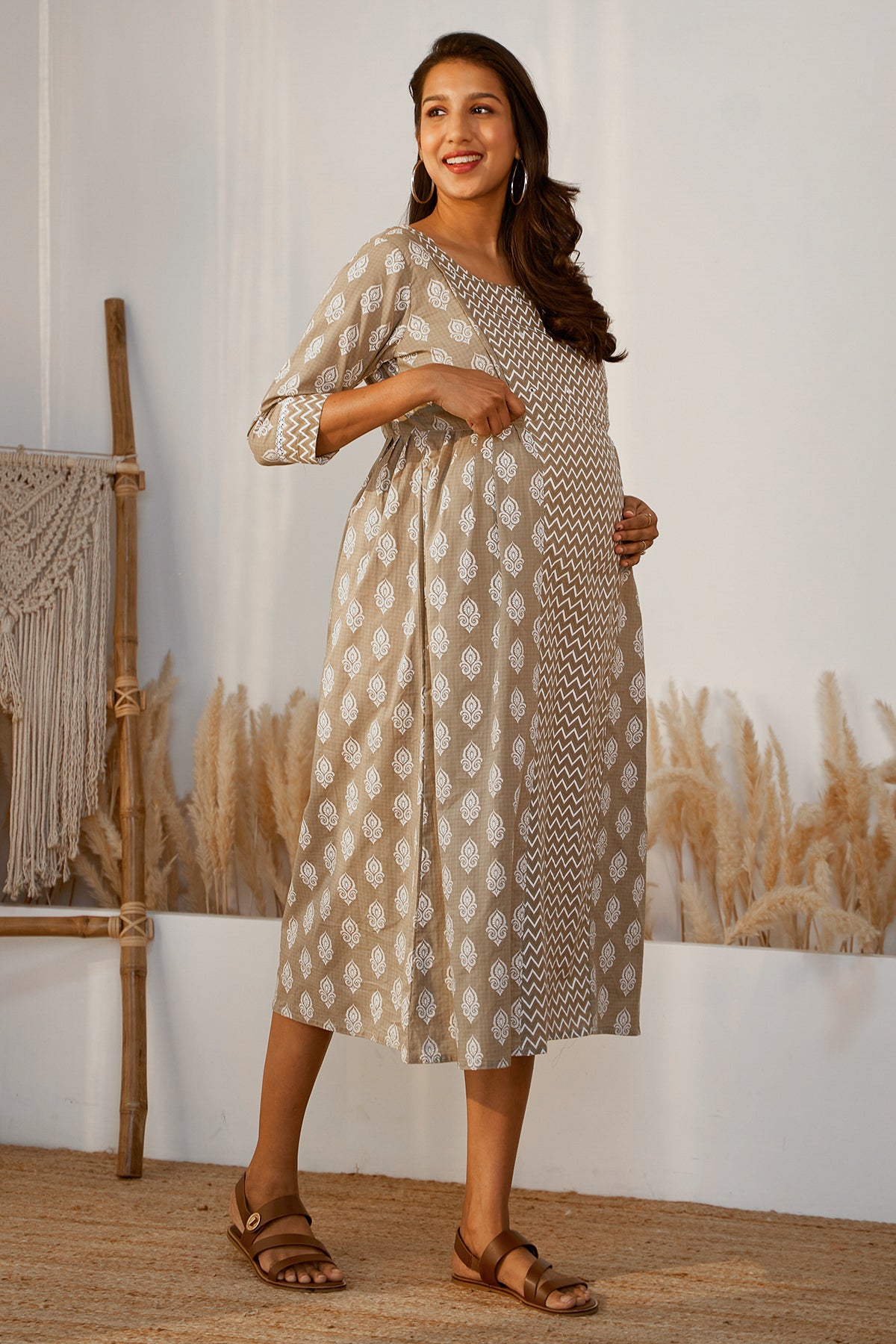 Panelled A-Line Maternity Kurta with Foil Mirror Embellished Yoke - Brown
