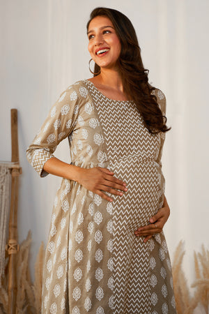 Panelled A-Line Maternity Kurta with Foil Mirror Embellished Yoke - Brown
