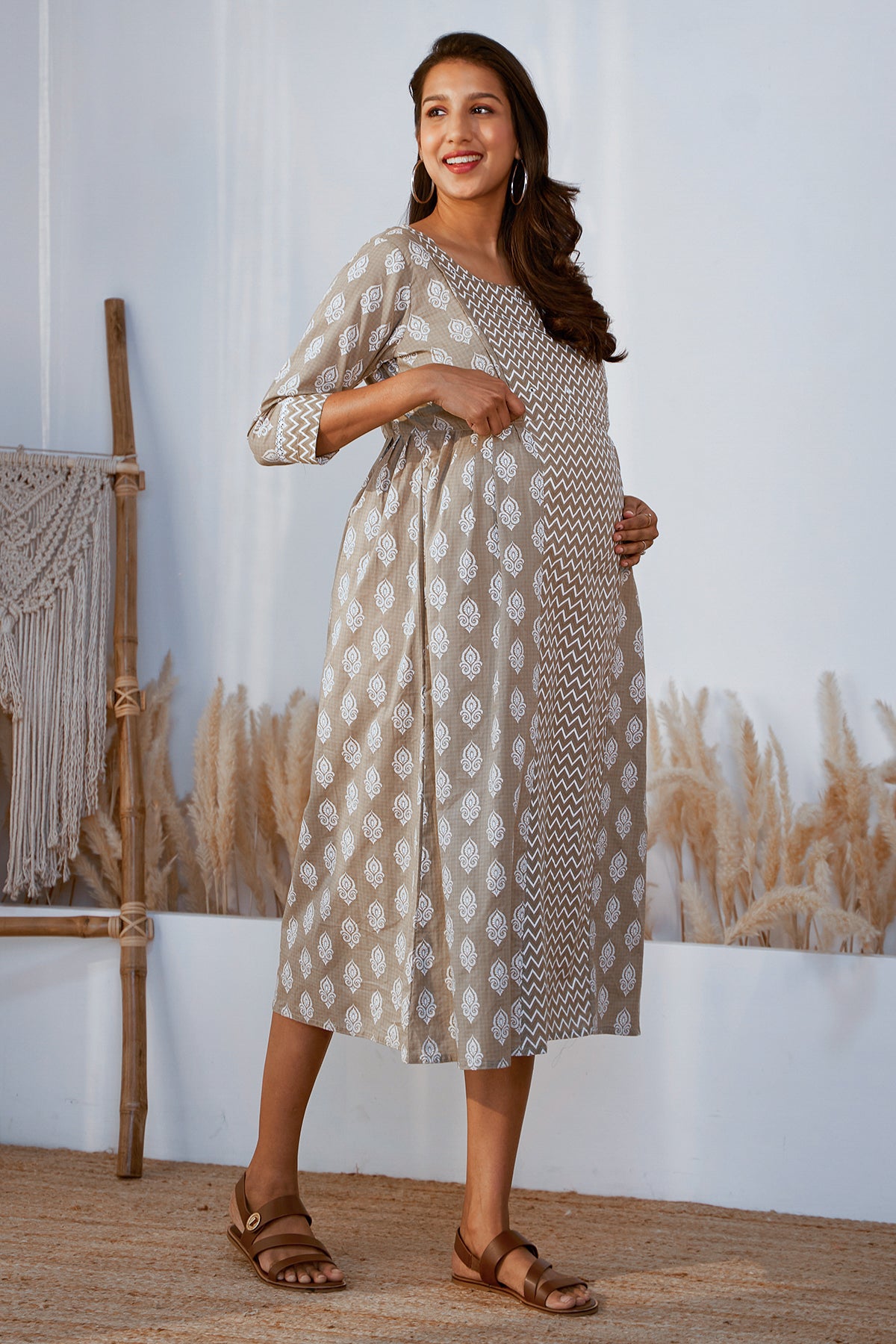 Panelled A-Line Maternity Kurta with Foil Mirror Embellished Yoke - Brown