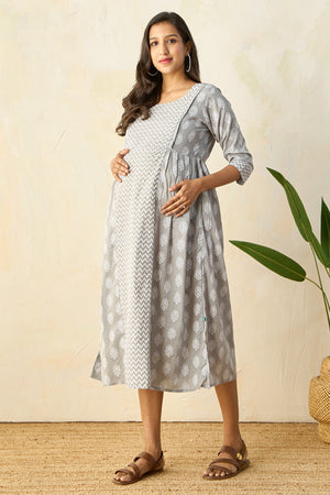 Panelled A-Line Maternity Kurta with Foil Mirror Embellished Yoke - Grey
