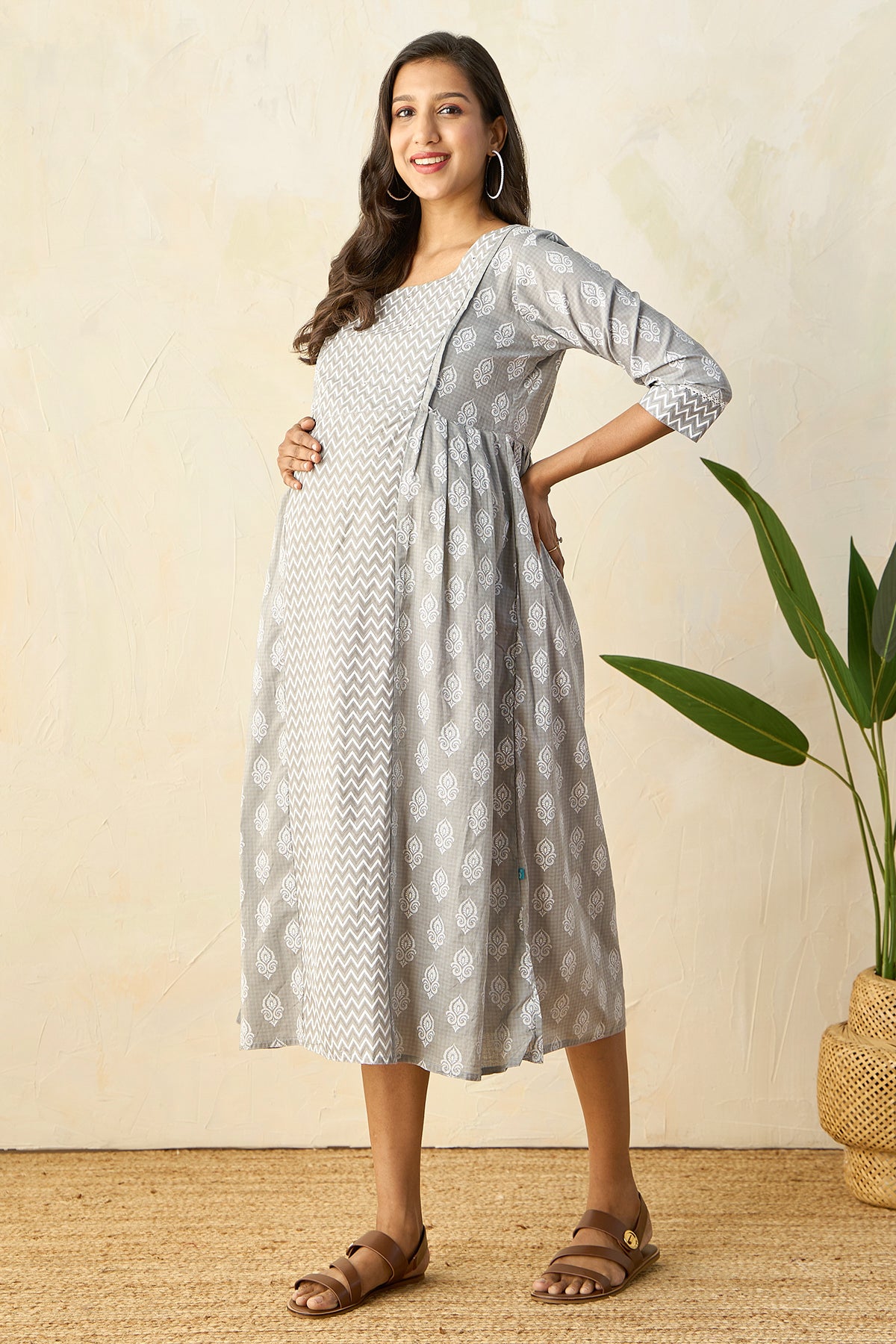 Panelled A-Line Maternity Kurta with Foil Mirror Embellished Yoke - Grey
