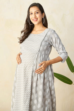 Panelled A-Line Maternity Kurta with Foil Mirror Embellished Yoke - Grey
