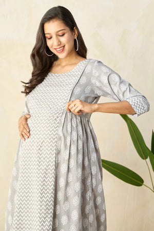 Panelled A-Line Maternity Kurta with Foil Mirror Embellished Yoke - Grey
