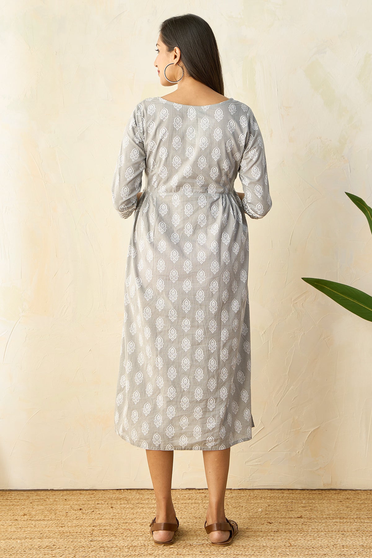 Panelled A-Line Maternity Kurta with Foil Mirror Embellished Yoke - Grey
