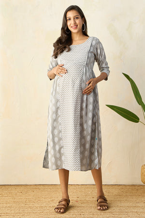 Panelled A-Line Maternity Kurta with Foil Mirror Embellished Yoke - Grey