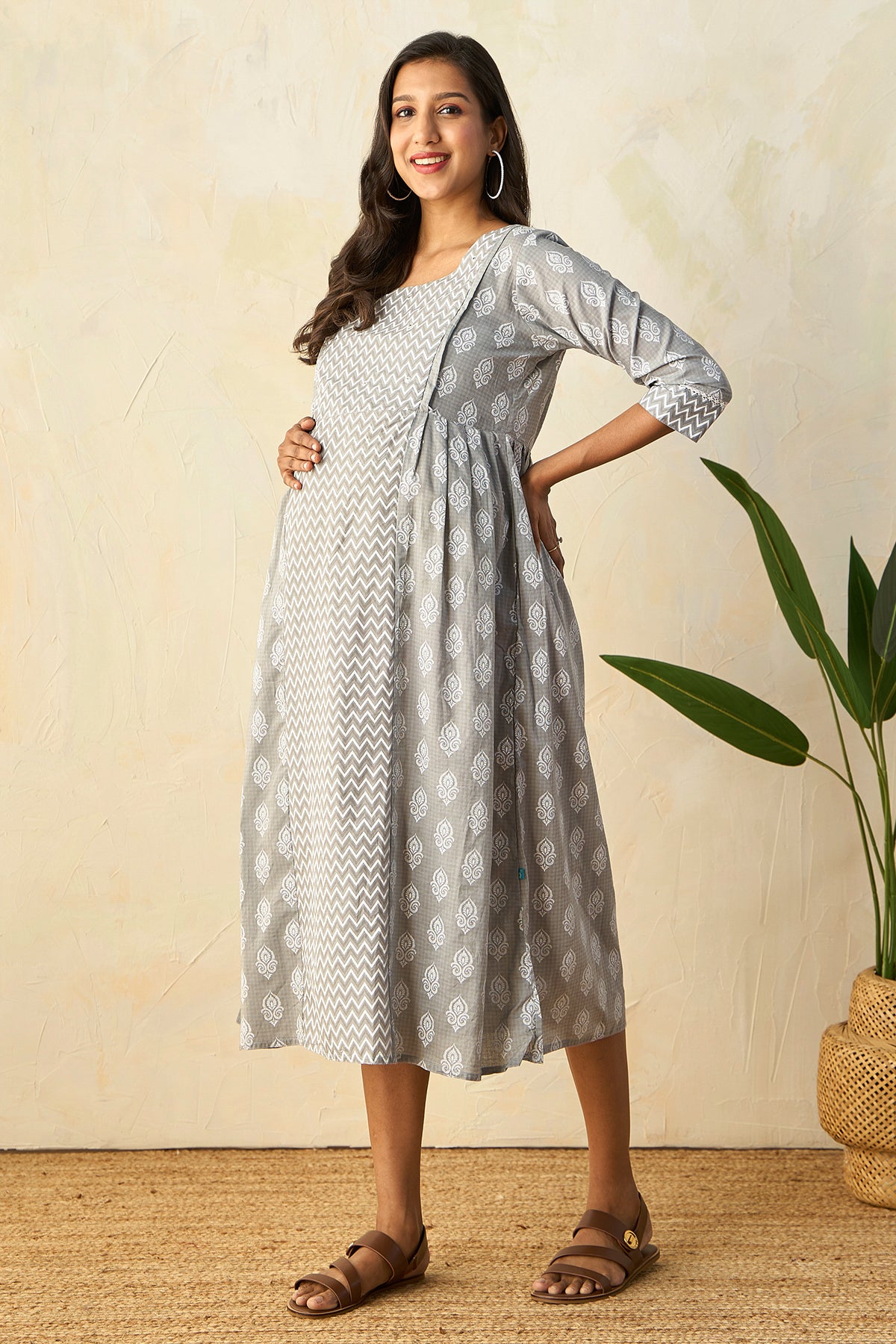 Panelled A-Line Maternity Kurta with Foil Mirror Embellished Yoke - Grey