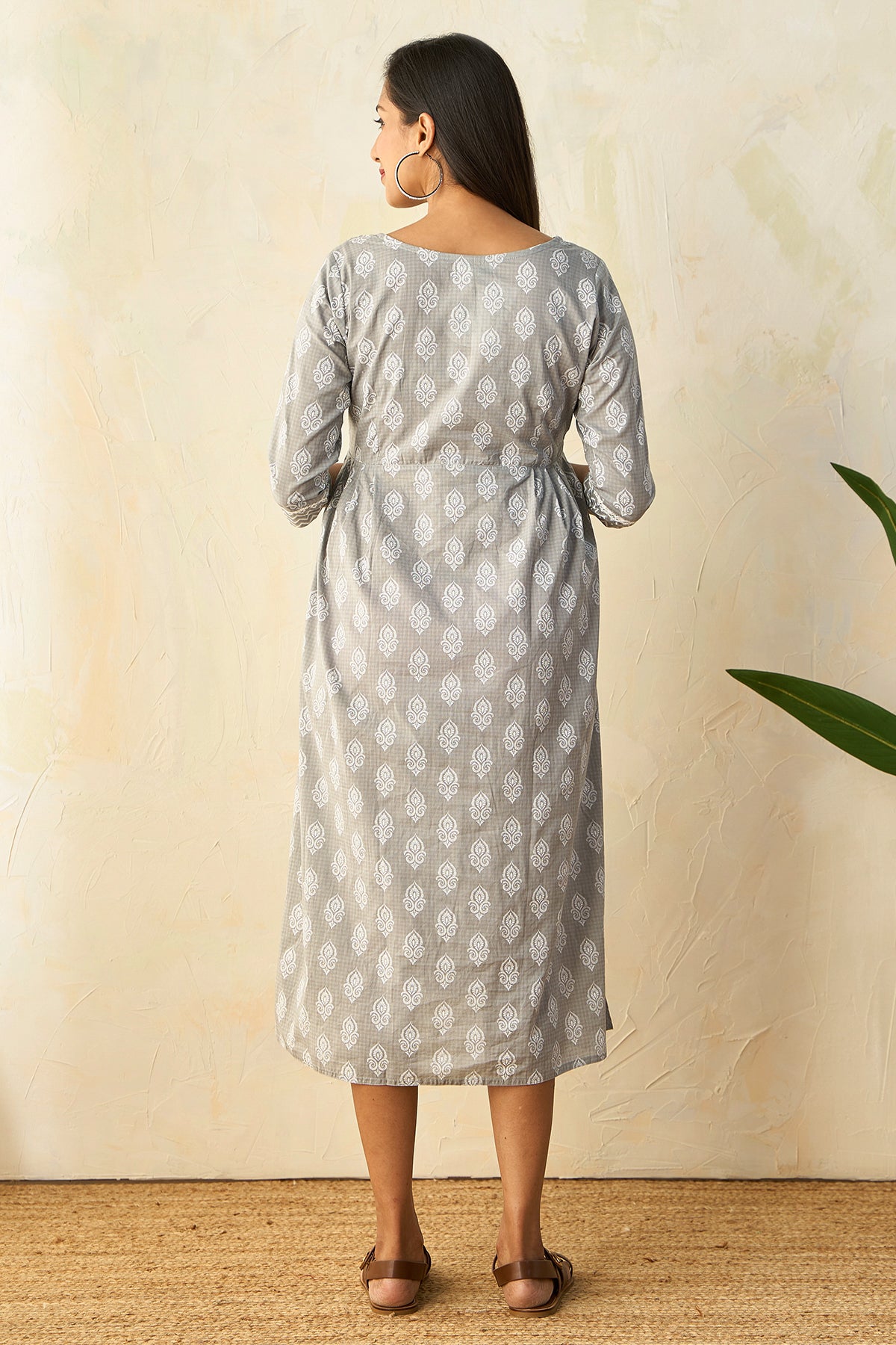 Panelled A-Line Maternity Kurta with Foil Mirror Embellished Yoke - Grey