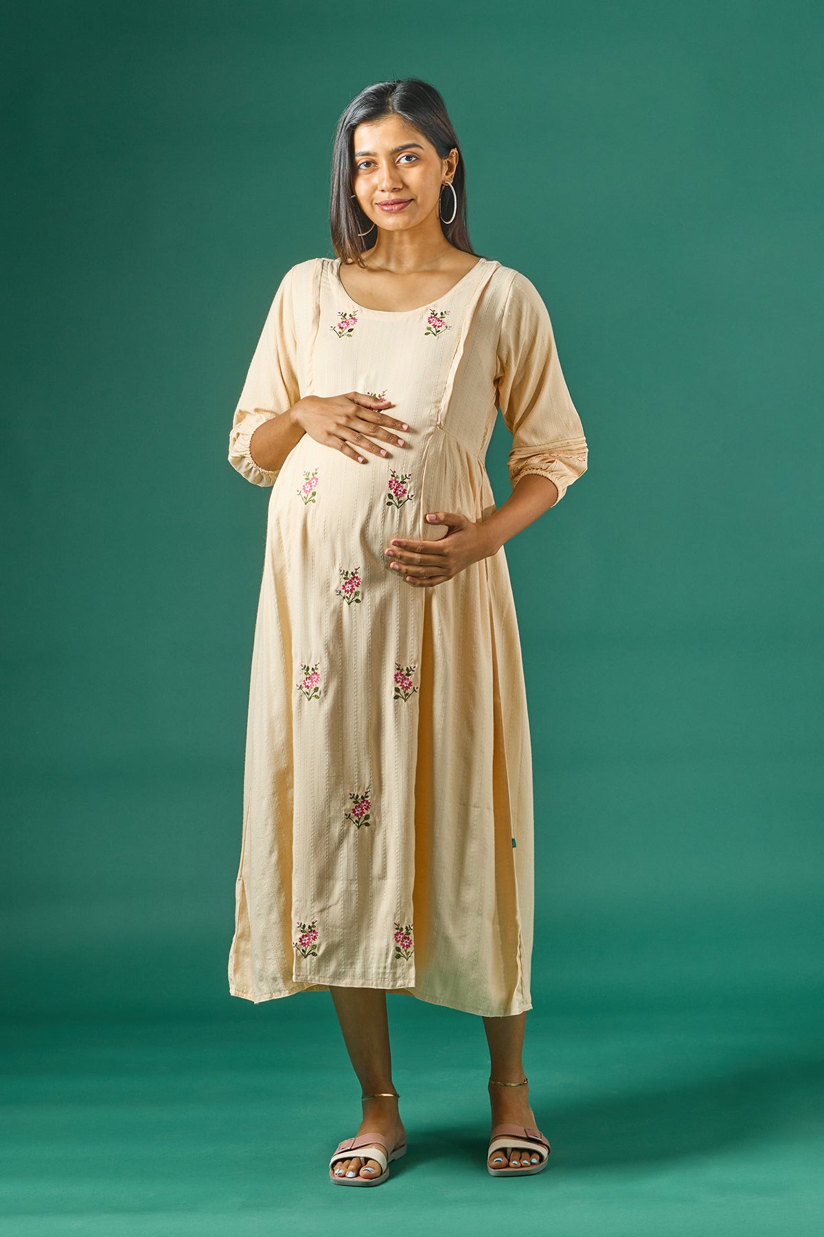 Textured Maternity Kurta with Delicate Floral Embroidery Beige