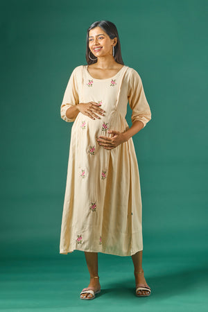 Textured Maternity Kurta with Delicate Floral Embroidery Beige
