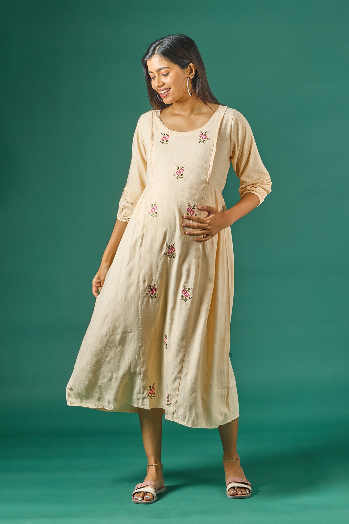 Textured Maternity Kurta with Delicate Floral Embroidery Beige
