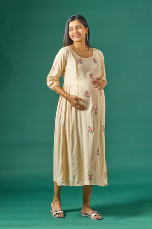 Textured Maternity Kurta with Delicate Floral Embroidery Beige
