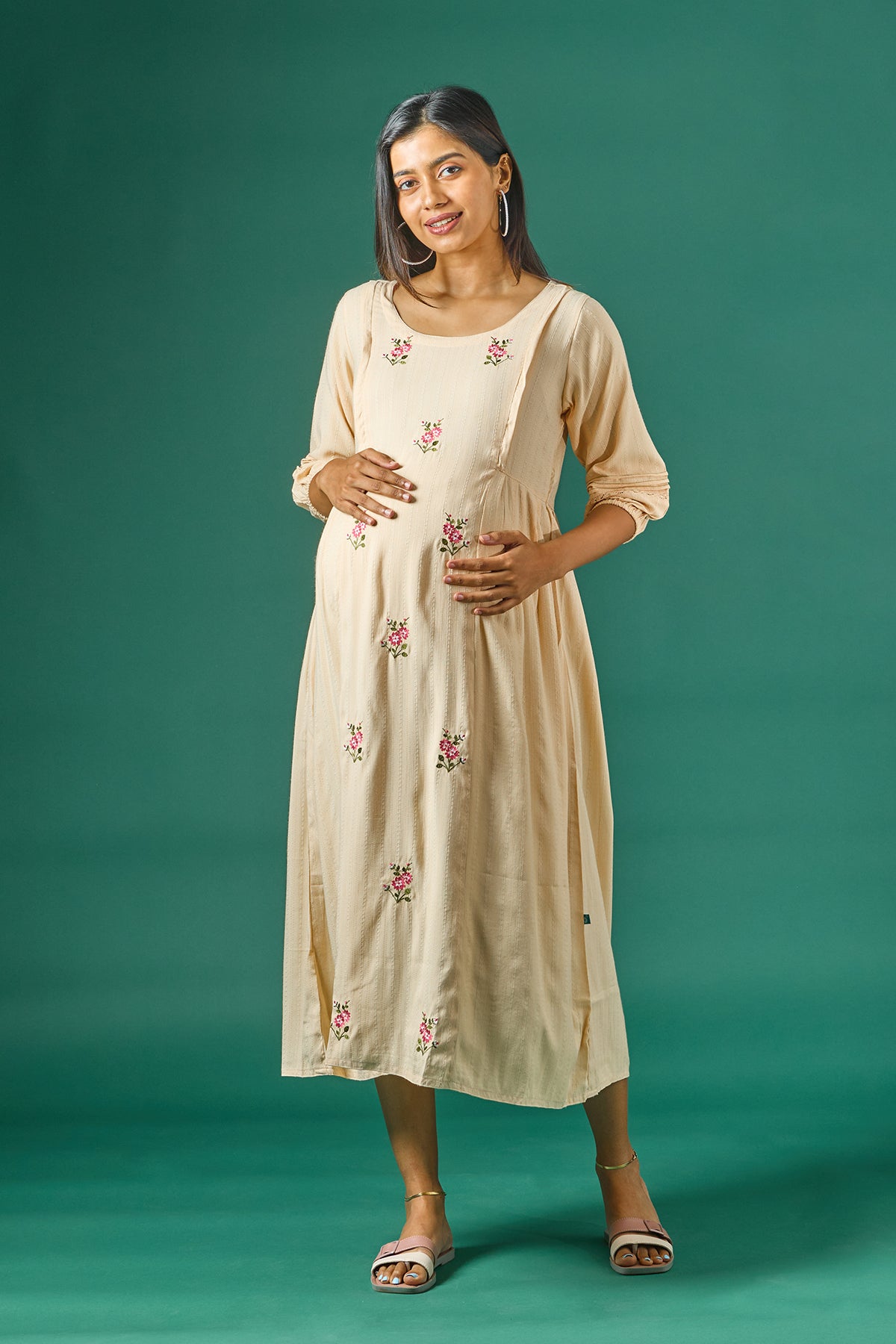 Textured Maternity Kurta with Delicate Floral Embroidery Beige
