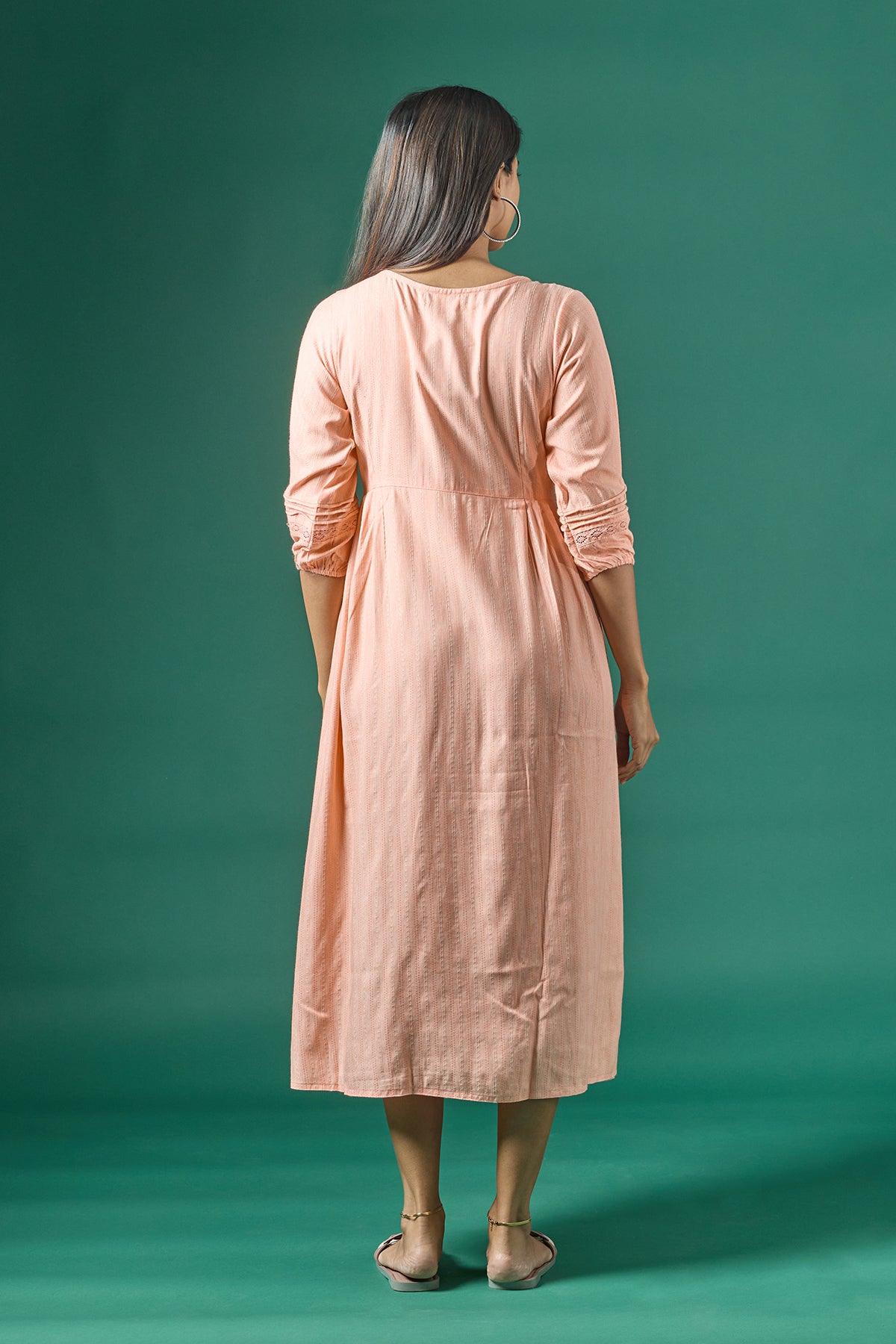 Textured Maternity Kurta with Delicate Floral Embroidery Peach
