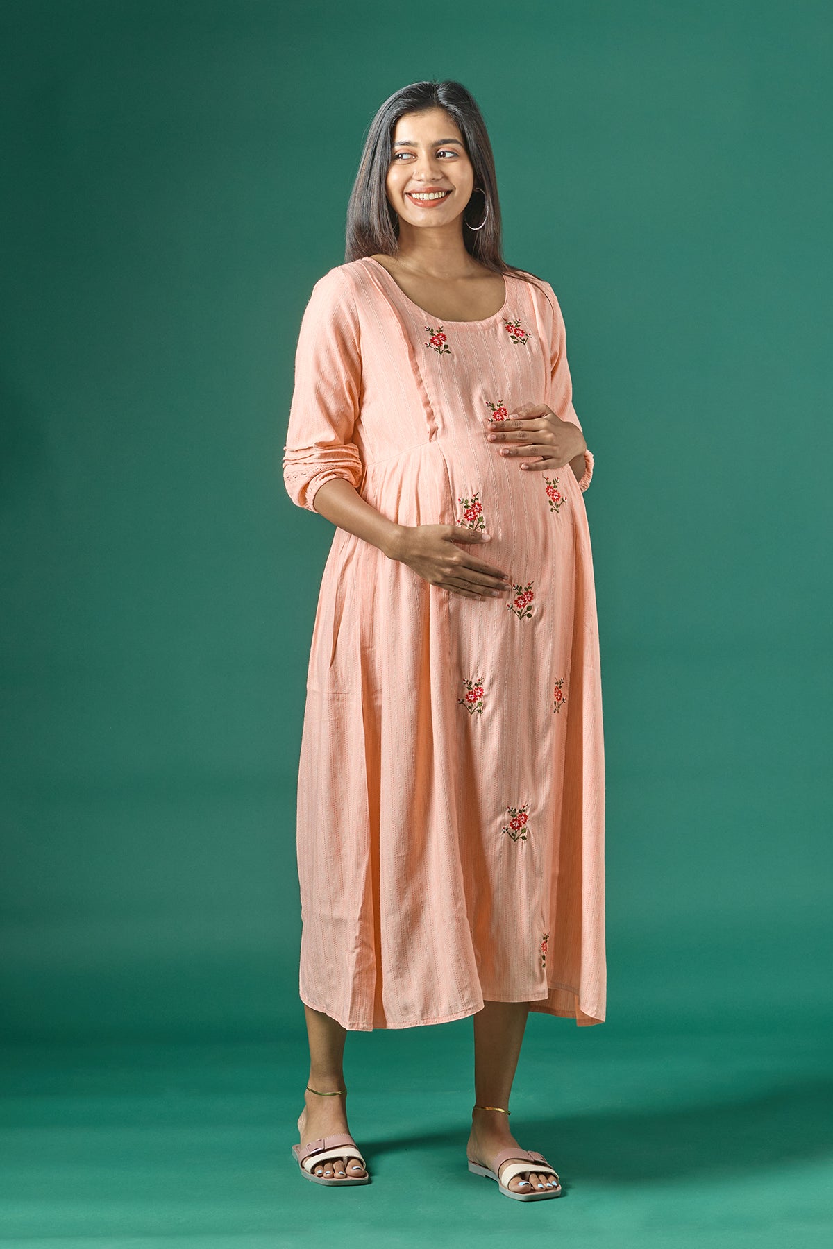 Textured Maternity Kurta with Delicate Floral Embroidery Peach
