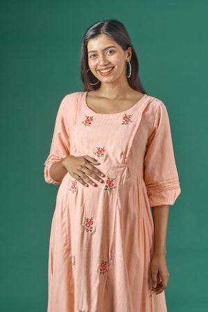 Textured Maternity Kurta with Delicate Floral Embroidery Peach
