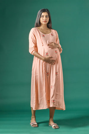 Textured Maternity Kurta with Delicate Floral Embroidery Peach
