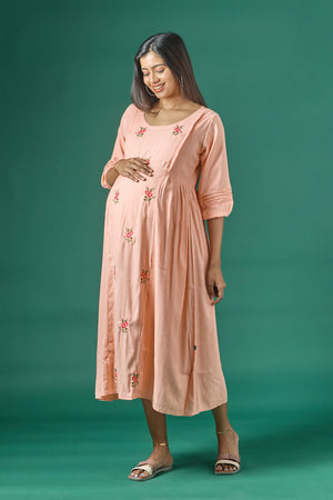 Textured Maternity Kurta with Delicate Floral Embroidery Peach