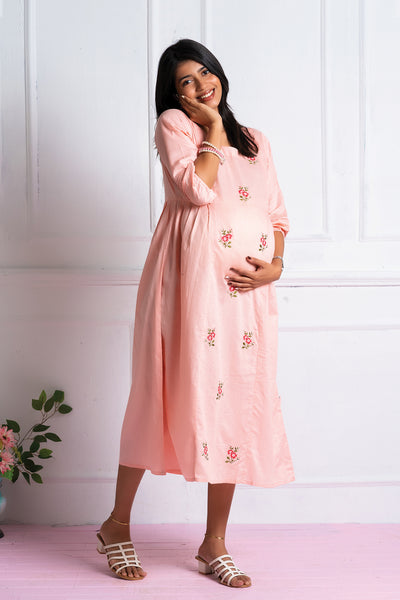 Textured Maternity Kurta with Delicate Floral Embroidery Peach