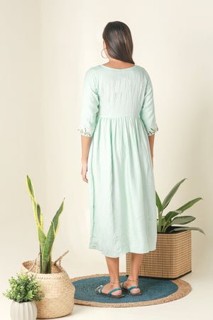 Stripes Patterned Maternity Kurta with Delicate Floral Embroidery Blue
