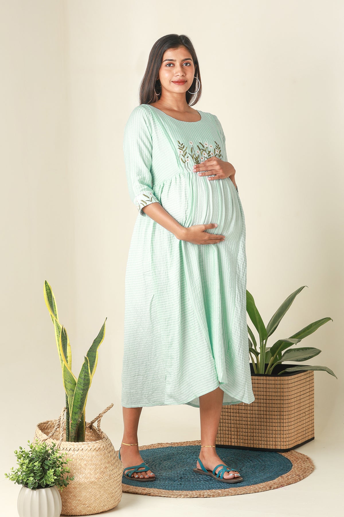 Stripes Patterned Maternity Kurta with Delicate Floral Embroidery Blue
