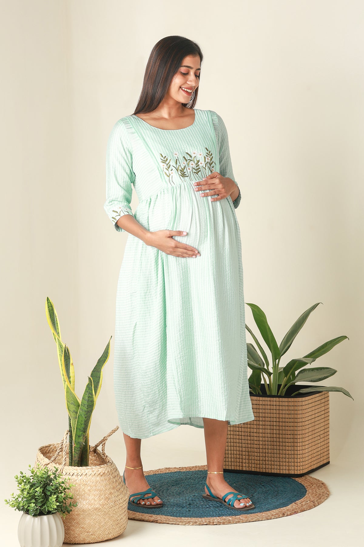 Stripes Patterned Maternity Kurta with Delicate Floral Embroidery Blue
