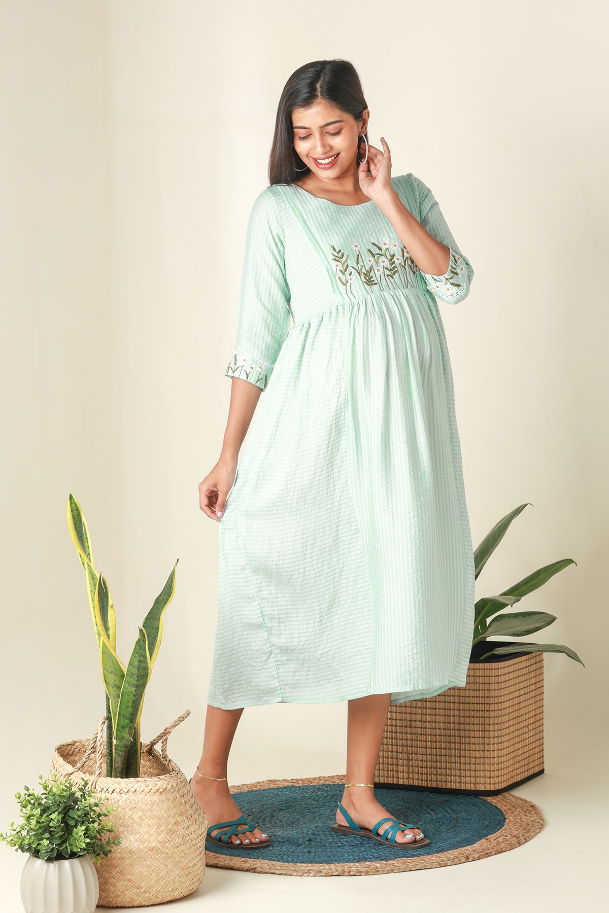 Stripes Patterned Maternity Kurta with Delicate Floral Embroidery Blue
