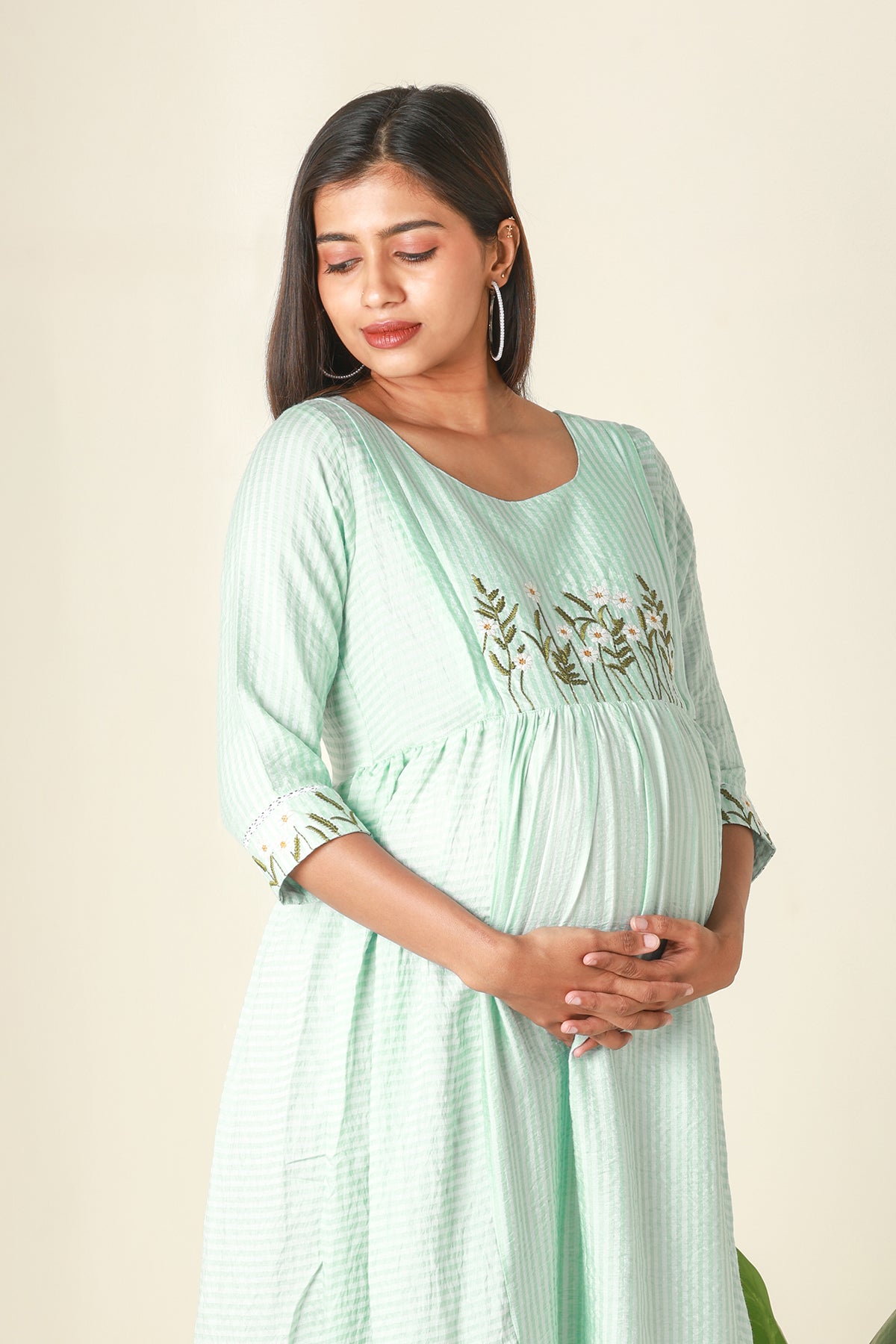 Stripes Patterned Maternity Kurta with Delicate Floral Embroidery Blue
