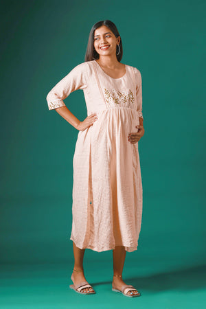 Stripes Patterned Maternity Kurta with delicate Floral Embroidery Peach