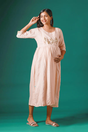 Stripes Patterned Maternity Kurta with delicate Floral Embroidery Peach