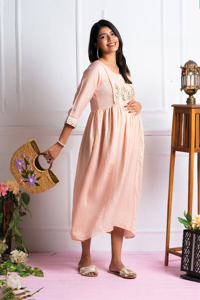 Stripes Patterned Maternity Kurta with delicate Floral Embroidery Peach