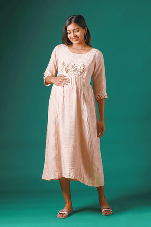 Stripes Patterned Maternity Kurta with delicate Floral Embroidery Peach