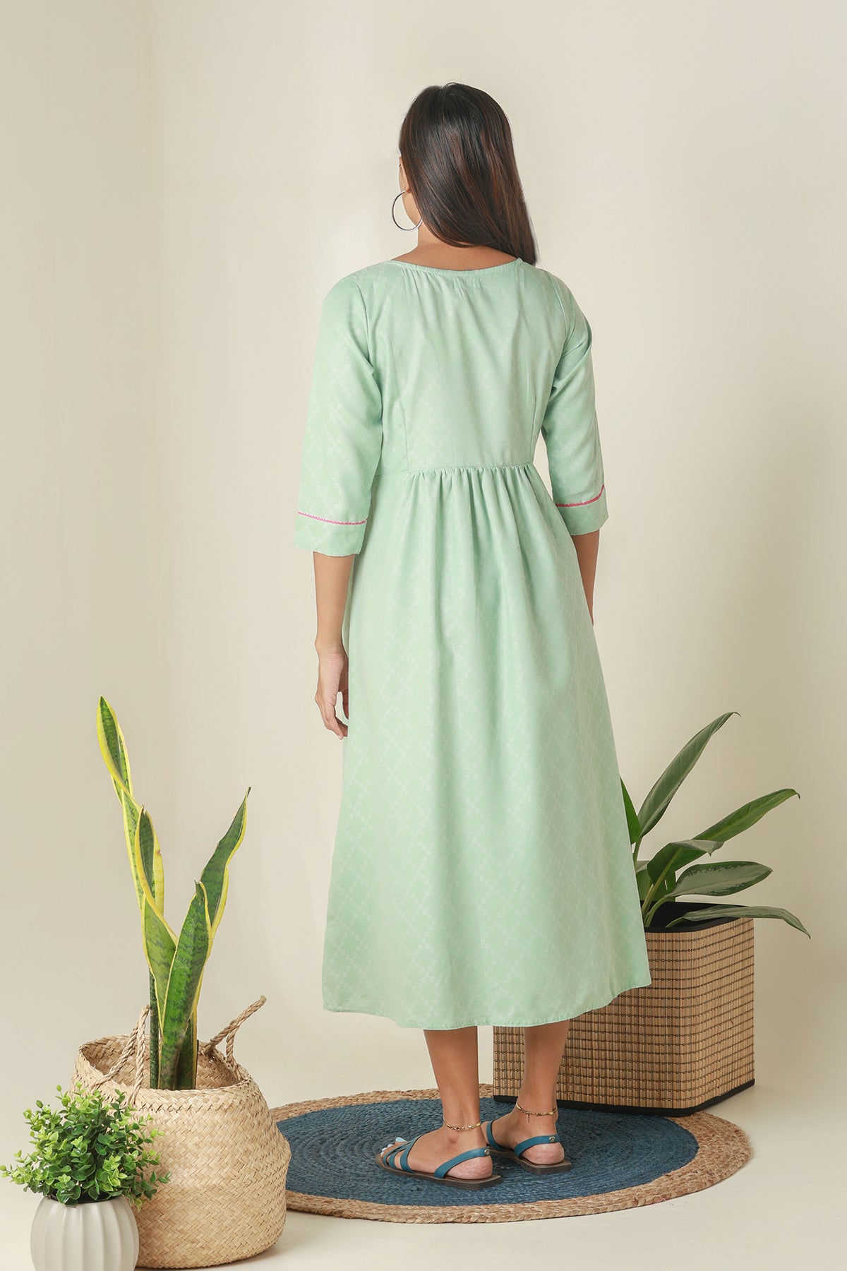 All Over Dobby Weave Maternity Kurta with Floral Embroidered Yoke Green
